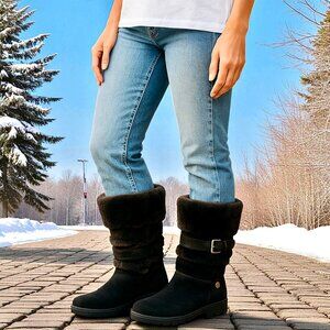 GEOX Mid-Calf Boot Dark Brown Suede Faux FUR Buckles Straps Studs